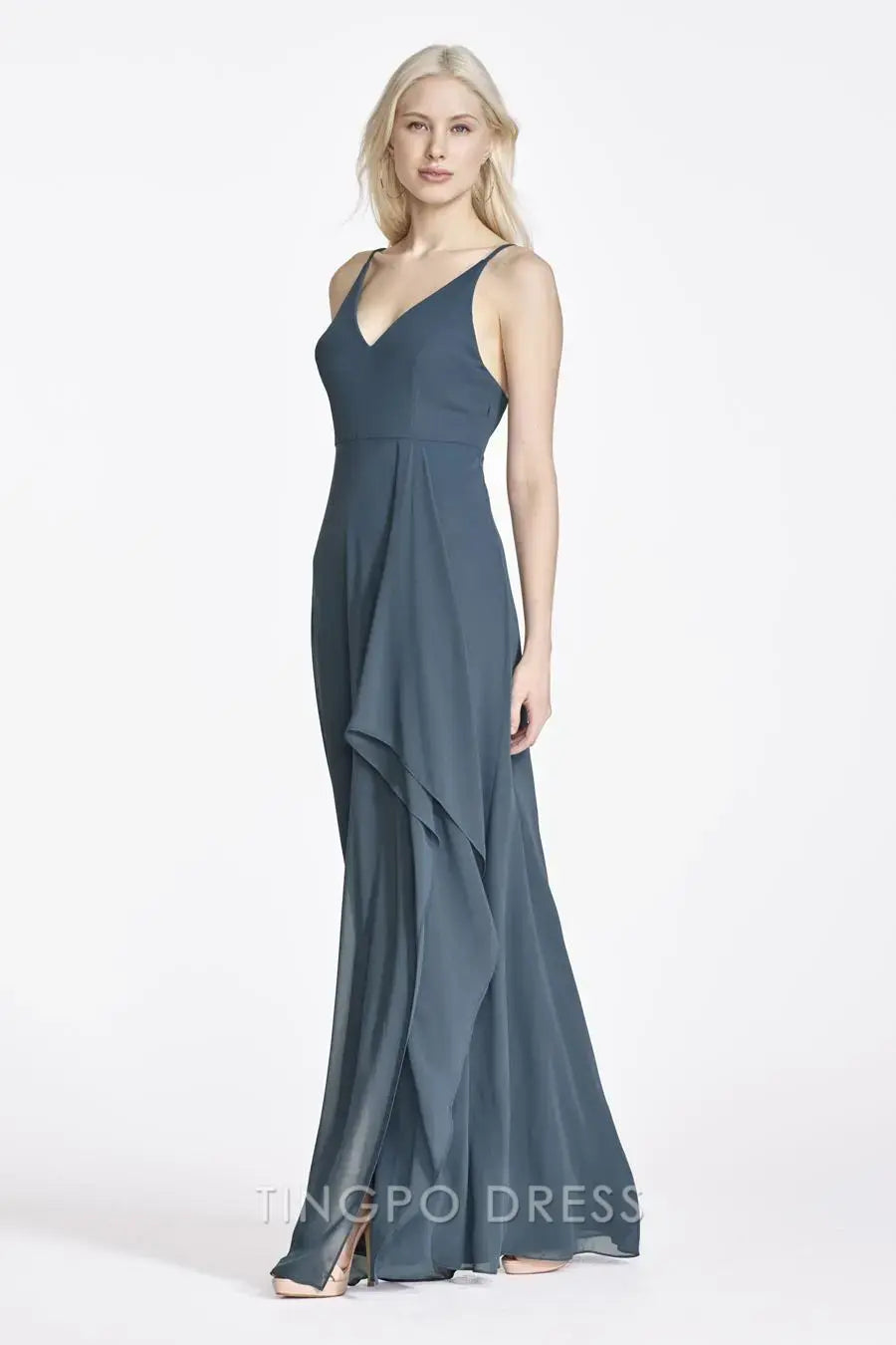TingPo Wholesale Elegant Spaghetti Strap Maxi Dress - Slate Blue Deep V Asymmetric Hem Gown